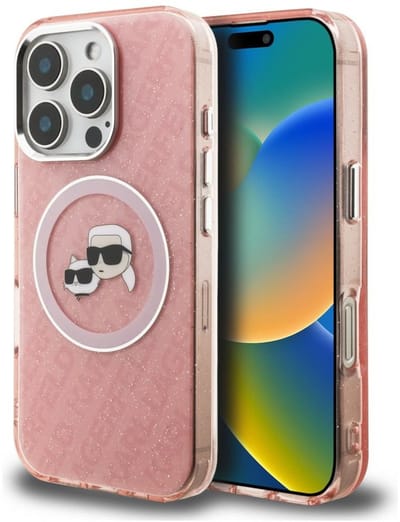 Karl Lagerfeld IML Glitter Karl & Choupette Heads Logo MagSafe Hoesje voor iPhone 16 Pro Roze