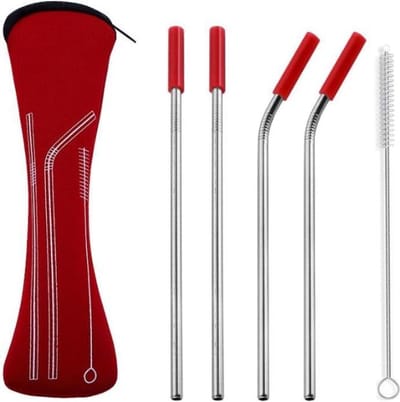 Fako Bijoux® - RVS Rietjes - Herbruikbaar - 4 Stuks - 2 x Recht & 2 x Gebogen - 21 cm - 1 Schoonmaakborsteltje - Neopreen Etui - Rood