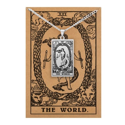 Tarot Ketting XXI: De Wereld / The World - Inclusief Rider-Waite Kaart - Zilverkleurig Stainless Steel - 60cm - Pax Amare
