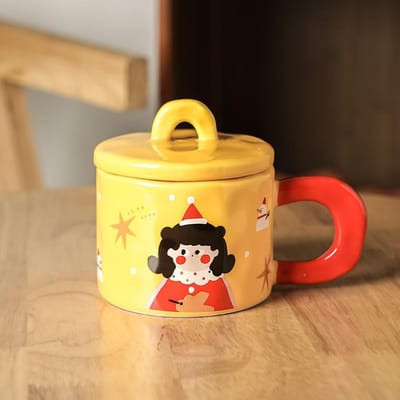 Leuke Blije Meisje Mok Snoepkleur Meisje Keramische Kop met Deksel Kopstel Thuis Melk Ontbijtkop 301-400ml