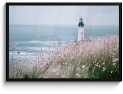 Poster in lijst - Fotolijst 90x60 cm - Posters - Vuurtoren - Klif - Zee - Bloemen - Posterlijst zwart - Decoratie - Wanddecoratie woonkamer - Muurdecoratie slaapkamer
