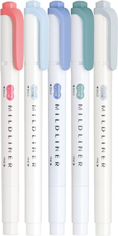 Zebra Mildliner 5 Favoriete Kleuren Set A + Extra Set van 4 Pastel Artline Markers