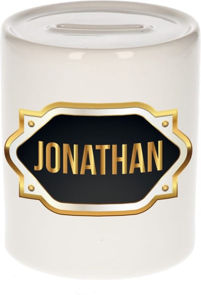 Spaarpot met voornaam Jonathan - wit - met goud/zwart embleem - 8 x 9 cm - keramiek - met afsluitdop - cadeau verjaardag