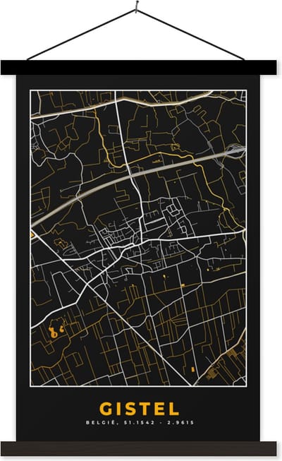 Posterhanger incl. Poster 40x60 cm - Schoolplaat - Gistel - Plattegrond - Kaart - Goud - Stadskaart - Textielposter - Zwarte latten - Stadskaart