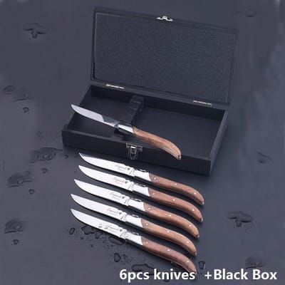 6 pièces 8,7'' Acier Inoxydable 304 Ensemble Couteaux à Steak Fourchettes Laguiole Couteaux de Table Manche Olive Ensemble de Couverts de Dîner Noël Coutellerie en Bois