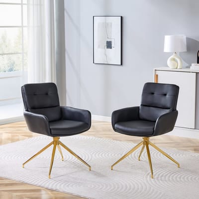 MIVRAY Eetkamerstoel 85 cm - 360 Graden Draaibaar Set van 2 - Voor Eetkamer En Zithoek - Metaal En PU Leer - Zwart Goud