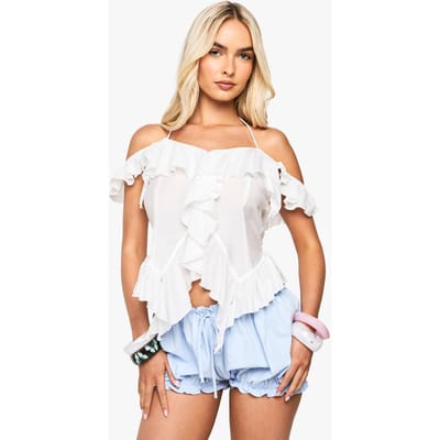 boohoo Dames Woven Ruffle Top | Wit | Maat: 38