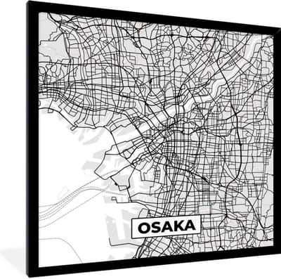 Fotolijst incl. Poster Zwart Wit- Osaka - Stadskaart - Zwart Wit - Plattegrond - Kaart - 40x40 cm - Posterlijst