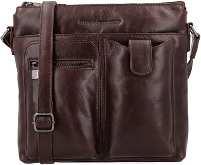 Hide & Stitches Porto Crossbody Schoudertas - Handige Vakken - Leren Dames Tas - Donkerbruin