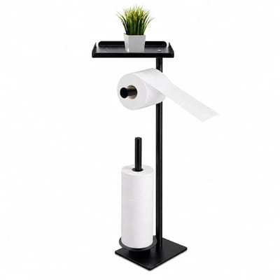3 in 1 WC Rolhouder - Toiletbutler - Staand - Zonder Boren - Met Plankje - Reserverolhouder - Toiletpapierhouder - Vrijstaand - Mat Zwart