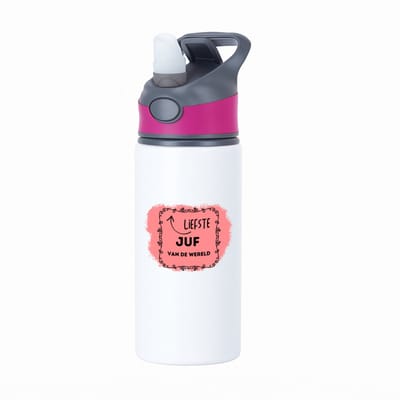 Hacebo® - liefste juf van de wereld waterfles met rietje roze - Juf - de liefste juf - verjaardag - cadeautje voor juf - kado - geschenk - collega's - water fles - 650ML