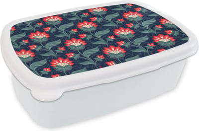 Broodtrommel Wit - Lunchbox - Brooddoos - Design - Bloemen - Rood - 18x12x6 cm - Volwassenen