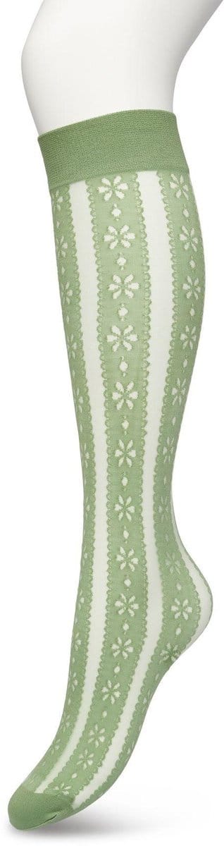 Bonnie Doon Dames Bloemen Panty Kniekousen Groen maat 36/42 - Knie Kousen 50 denier - Gebloemd - Bloemen Print - Uitstekend draagcomfort - Flower Stripe Knee High - Kniesokken - Zakt niet af - OEKO-TEX - Loden Frost - BP221804.273