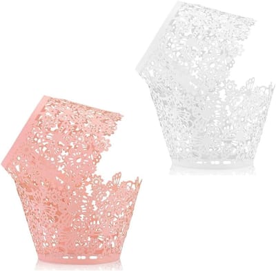 60 stuks kanten cupcake-wikkels parelmoer glanzend wit roze cupcake papieren bekers filigraan decoratie
