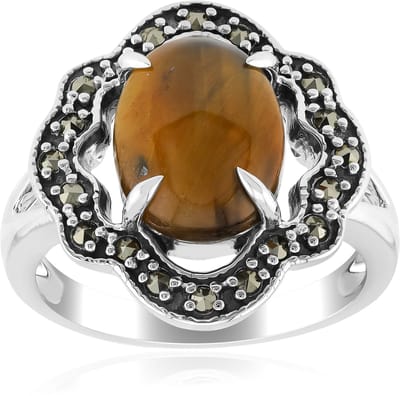 Cavill - Zilveren ring met natuurlijke tijgeroog 2,55 ct en marcasieten - 925 Sterling zilver - Ovale cabochon 10x8 mm - Elegant bloemblad ontwerp