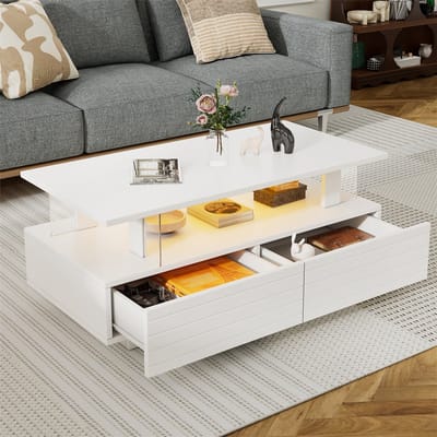 YEHTOKHOME Salontafel met LED via APP - 2 Lades en Open Schap - Wit Acryl Bijzettafel - 100x50x42,5 cm