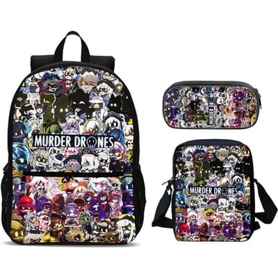 Murder Drones 3-delige Set Rugzak 47cm/18.5inch Rugzak met Grote Capaciteit Schoudertas Etui Boekentassen voor Jongens Meisje Beste Cadeau gray