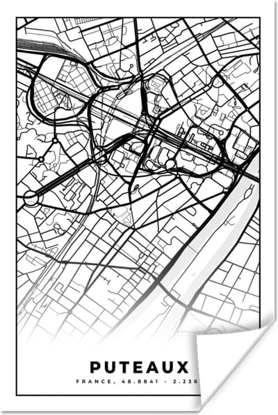 Poster Frankrijk - Kaart - Plattegrond - Puteaux - Stadskaart - Zwart wit - 120x180 cm XXL
