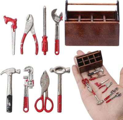 Miniatuur gereedschapskist poppenhuis 1/12 schaal kit set, 8 stuks metalen werkgereedschap met mini houten gereedschapskist, poppengarage accessoires, klein model voor huisbouw, tuin buiten reparatie