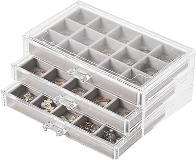 Earring Organizer Box met 5 Lades van Transparant Acryl voor Sieraden en Oorbellen voor Vrouwen en Meisjes (Grijs, 3 Lades)