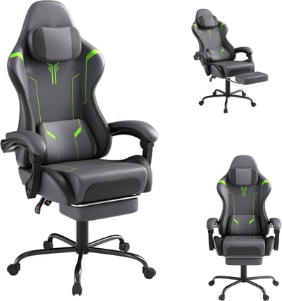 Gaming Stoel met Massagefunctie – Grijsgroen Fluweel – Ergonomische Bureaustoel met Voetensteun – Verstelbare Rugleuning 90-135° – Verstelbare Armleuningen – Max. 135 kg