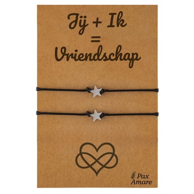 Vriendschapsarmbandjes voor 2 "Jij + Ik = Vriendschap" - Sterretjes - BFF Armbandjes met Persoonlijk Cadeau Kaartje - Zilverkleurig - Elastisch Verstelbaar - Pax Amare