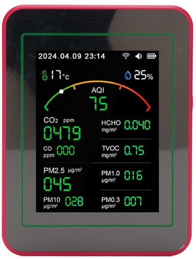 Luchtkwaliteitsmonitor - Luchtmeter Detector - Binnenklimaat Meten - 15-in-1 Metingen - 2.8 Inch LCD - Zwart Rood Wit