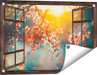 Gards Tuinposter Doorkijk Bloesemboom tijdens Zonsondergang - Bloem - 60x40 cm - Tuindoek - Tuindecoratie - Wanddecoratie buiten - Tuinschilderij