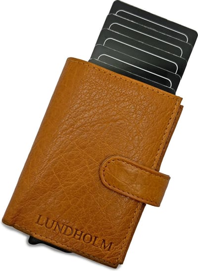 Lundholm Pasjeshouder mannen met portemonnee cognac - hoogwaardig leer - leren pasjeshouder uitschuifbaar creditcardhouder heren - cadeau voor man cadeautje voor hem | portemonnee heren pasjes houder geschenk