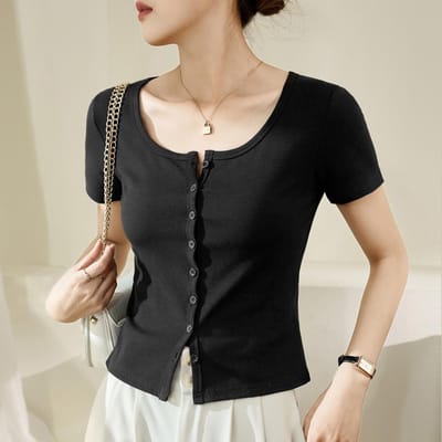 T-shirt à Boutonnage Simple pour Femme Manches Courtes Été Nouveau Coton Fileté Taille Haute Haut Court XL black