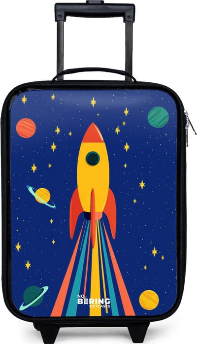 NoBoringSuitcases.com® - Kinderkoffer jongen - Kindertrolley meisje - Raket - Sterren - Planeet - Ruimte - Koffer kind lichtgewicht - Reiskoffer trolley voor kinderen - Koffertje met lichtgevende wieltjes - Rolkoffer zwart