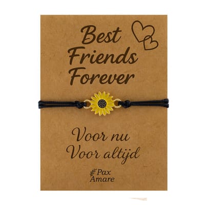 Pax Amare Armbandje met Zonnebloem - Vriendschapsarmbandje Cadeau - BFF Armband Cadeau - Best Friends Forever - Zwart - Best Friends Forever