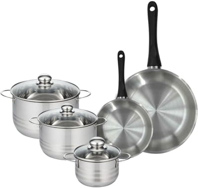 Set van 2 pannen 20 en 28 cm van roestvrij staal en 3 roestvrijstalen kookpotten 16, 20 en 24 cm Fackelmann Geneva