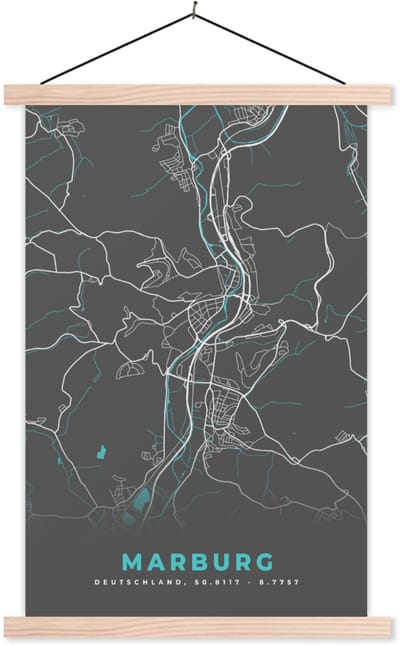 Posterhanger incl. Poster 60x90 cm - Schoolplaat - Stadskaart – Kaart – Marburg – Blauw – Duitsland – Plattegrond - Textielposter - Blanke latten - Stadskaart