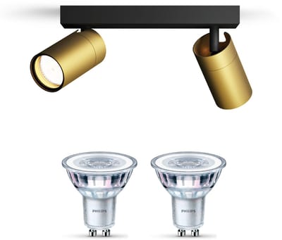Philips Idris Opbouwspot voor Badkamer (Zwart/Goud) - Badkamerlamp - Warmwit Licht - Plafondspot met 2 Lichtpunten - GU10 - SceneSwitch - Eenvoudig Dimbaar met Je Klassieke Schakelaar