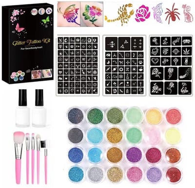 Glitter Tattoo Set - 120 sjablonen - 24 kleuren - Schmink Sjablonen - Lijm en Penselen - Tijdelijke Nep Tatoeages Voor Kinderen & Volwassenen - Schmink Tattoos Body Glitters - Glitters Gezicht - Knutselpakket - Jongens/Meisjes - Festival - Carnaval