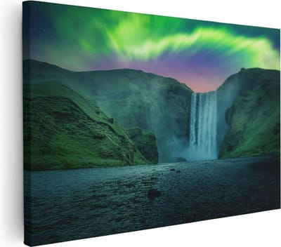 Artaza Canvas Schilderij Noorderlicht - 30x20 cm - Klein - Wanddecoratie Waterval - Muurdecoratie Bergen - Schilderijen Op Canvas