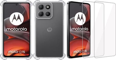 Hoesje + 2x Screenprotector geschikt voor Motorola Moto G15 / G05 / E15 – Tempered Glass - Extreme Shock Case Transparant