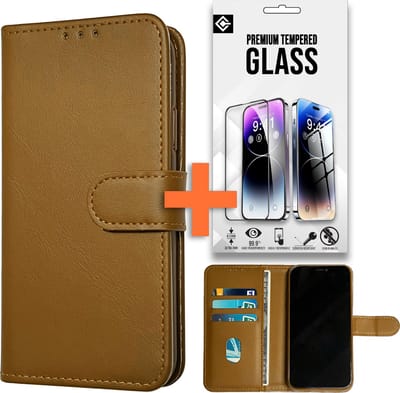 Casemania Hoesje Geschikt voor Oppo A79 - Bruin & Glazen Screenprotector - Portemonnee Book Case - Kaarthouder & Magneetlipje