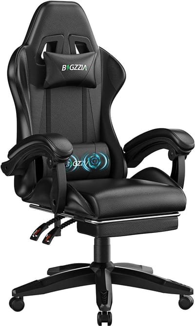 BIGZZIA Gamingstoel - Ergonomische gamestoel - Lendenkussen met massagefunctie - Hoofdsteun en voetsteun - 90°-135° verstelbaar - In hoogte verstelbaar - Draagvermogen 136 kg - Zwart