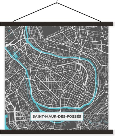 Posterhanger incl. Poster 60x60 cm - Schoolplaat - Frankrijk - Saint-Maur-des-Fossés - Stadskaart - Kaart - Plattegrond - Textielposter - Zwarte latten - Stadskaart