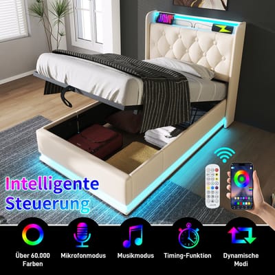 DESMIU Gestoffeerd Bed 90 x 200 cm Zonder Matras – 360 Graden Led Verlichting Met App En Afstandsbediening – Opbergruimte Onder Bed – Voor Slaapkamer – Pu – Wit