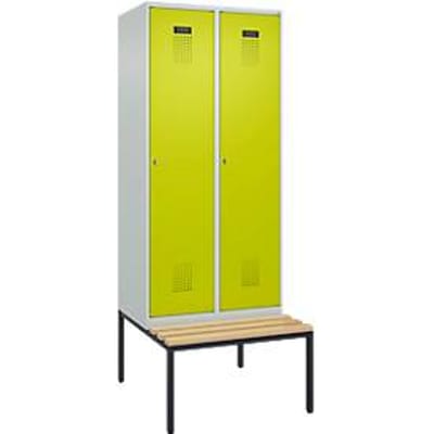 C+P Evolo Plus garderobekast, 2 vakken, 400 mm vakbreedte, met bank eronder, B 800 x D 815 x H 2120 mm, cilinder, lichtgrijs/kleedgroen