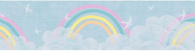 Kinderbehang Profhome 771451-GU behangrand glad met wolken mat blauw wit zuurstokroze geel 5 m