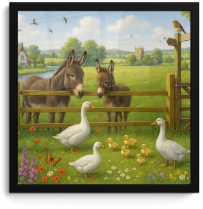 Poster in lijst - Fotolijst 40x40 cm - Posters - Ezels - Ganzen - Kleurrijk - Posterlijst zwart - Decoratie - Wanddecoratie woonkamer - Muurdecoratie slaapkamer