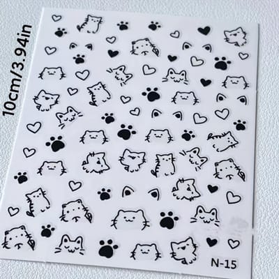 Kat Nagelstickers - Leuke Cartoon Kat Poot & Hart Designs, Zelfklevende Plastic Nail Art Decals voor Handen & Voeten, Y2K Kawaii Anime Stijl Semi gray