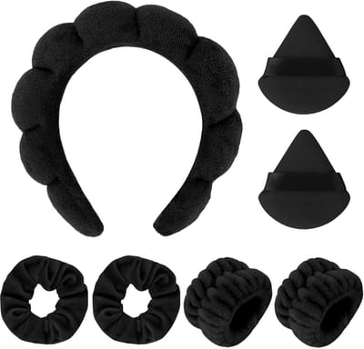 Hoofdband en Polsband Set - Gezichtsreiniging Accessoires - Huidverzorging - Zachte Spons Voering - 7-delig - Zwart