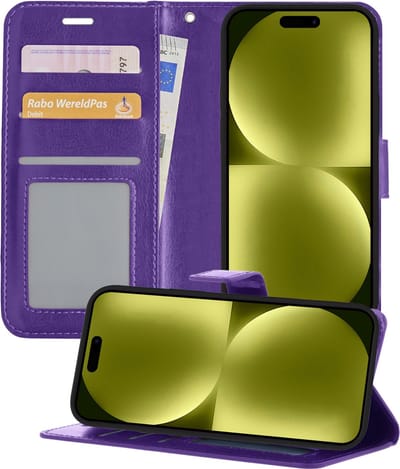 Hoesje - Met Pasjeshouder - Geschikt voor Apple iPhone 15 - Luxe Bookcase Portemonee - Flip Case - Kunstleer Book Case - Flipcase - Book Cover - Walletcase - Portemonneehoes - Telefoonhoesjes - Paars