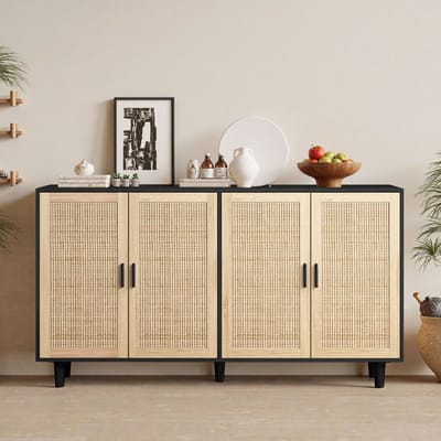 Decoratieve rattan opbergkast met 4 deuren - 158 cm hoog zwart - Massief houten poten en 3-voudig verstelbare planken - Natuurlijk design, geschikt voor woonkamer, slaapkamer en kantoor