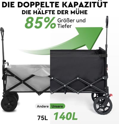 Famanu - Opvouwbare bolderkar, 140 liter volume en 150 kg belastbaar, extreem opvouwbare bolderkar, inklapbare handwagen, boodschappentrolley voor strand, camping, winkelen